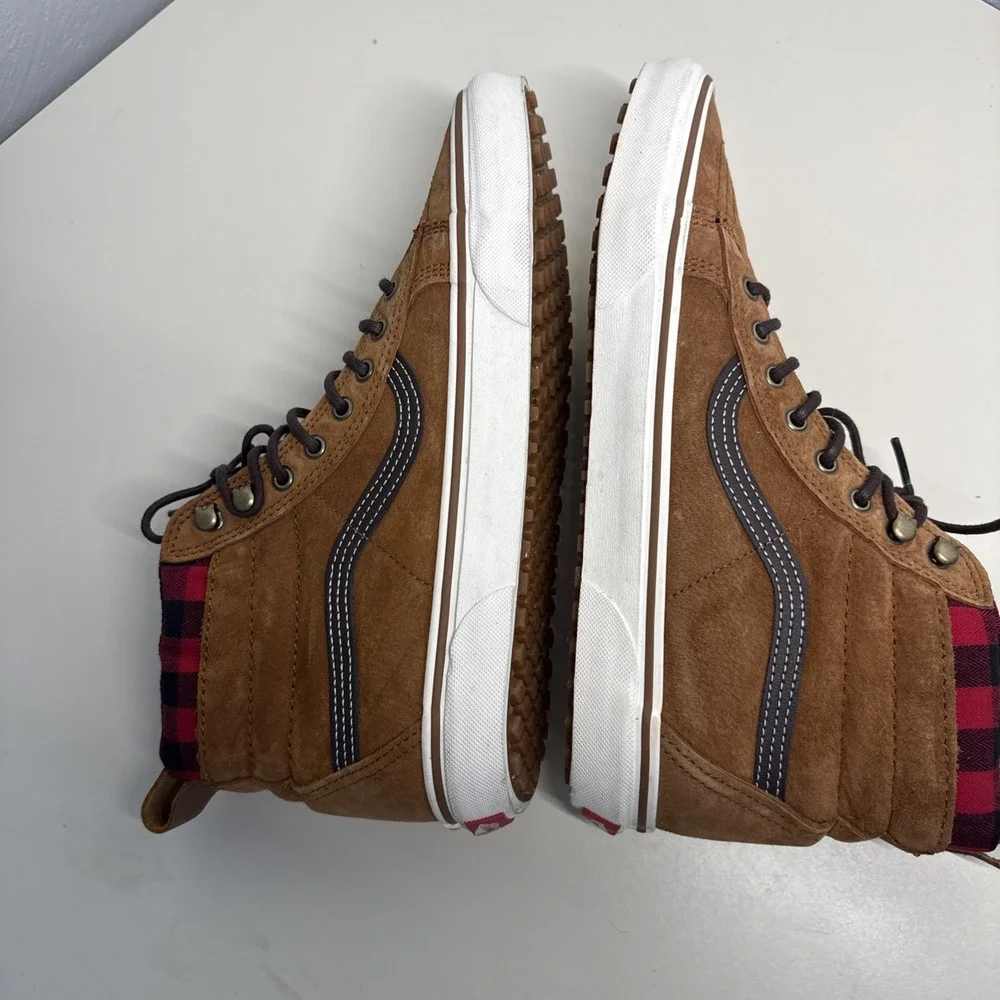 VANS Sk8-Hi MTE-1 Brown Suede Red Plaid Flannel Lined Boots Mens 11 Women's 12